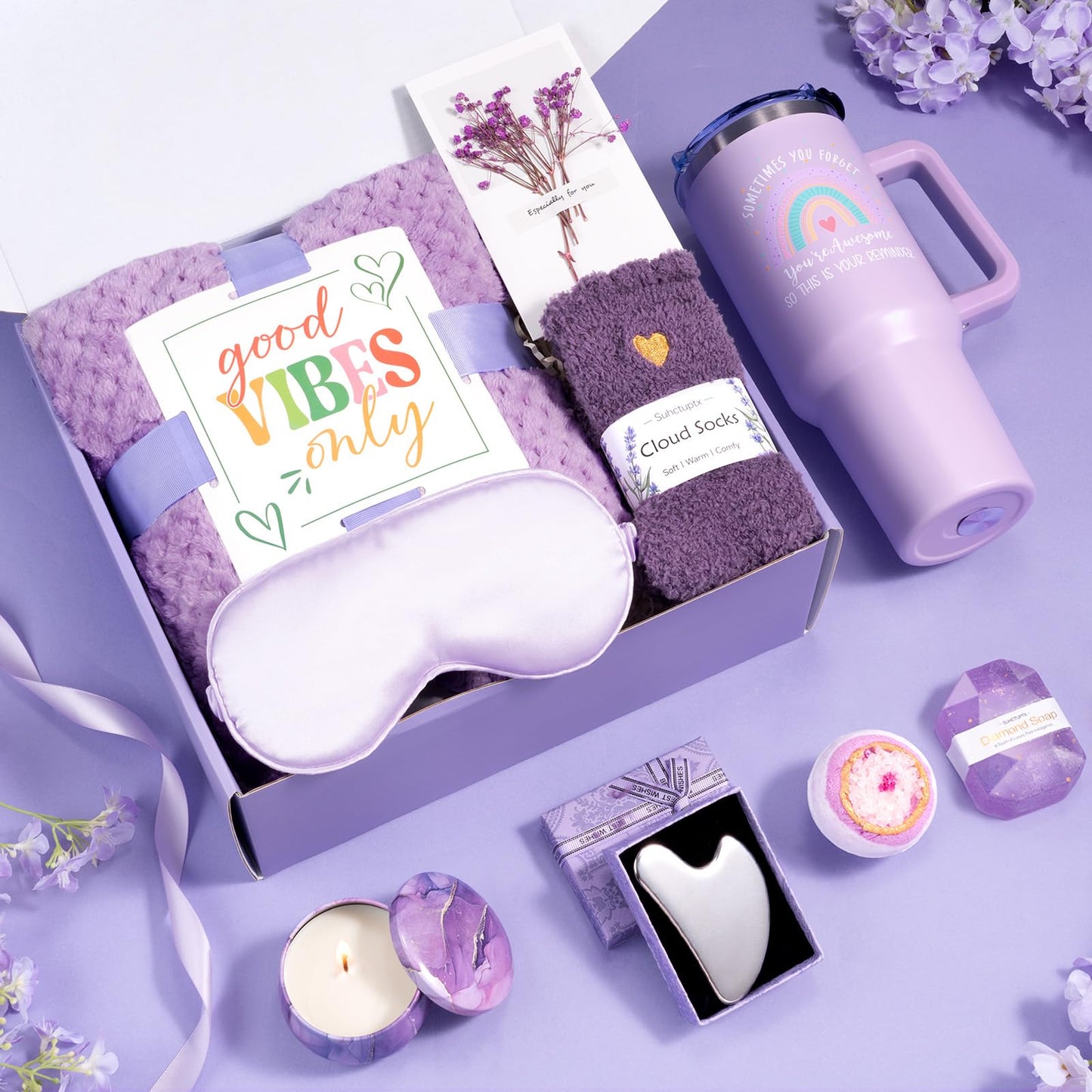 Birthday Gifts for Women, Unique Self Care Gifts Get Well Soon Basket, Christmas Relaxing Spa Gift Care Package w/ Flannel Blanket 40 oz Tumbler, Mothers Day Gifts for Mom Her Sister Friend