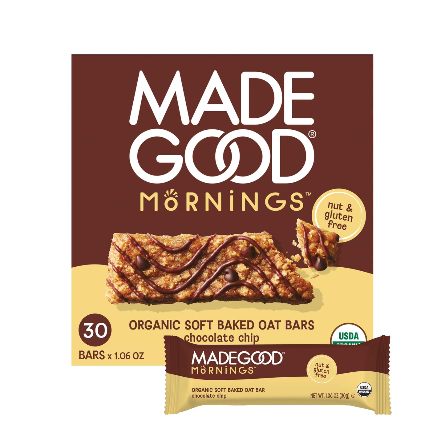 MadeGood Mornings Soft Baked Breakfast Bars, Chocolate Chip, 1.06 Oz (30 Count) Gluten Free Snacks