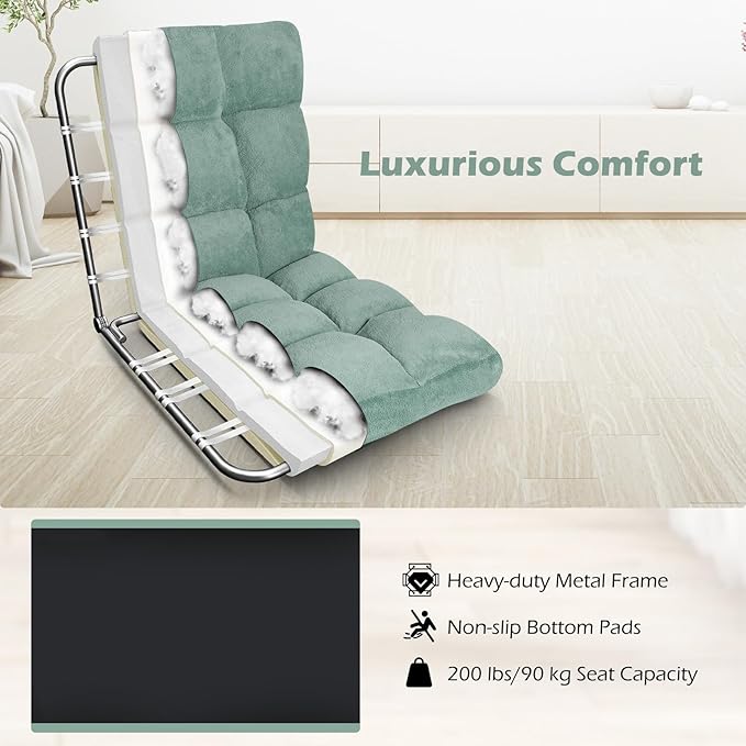 COSTWAY Floor Chair, Video Gaming Chairs with Back Support, Adjustable 14-Position, Alloy Steel Frame, Soft Coral Fleece, Lazy Sofa Lounge for Reading Living Room Recliner for Adults Kids (Green)
