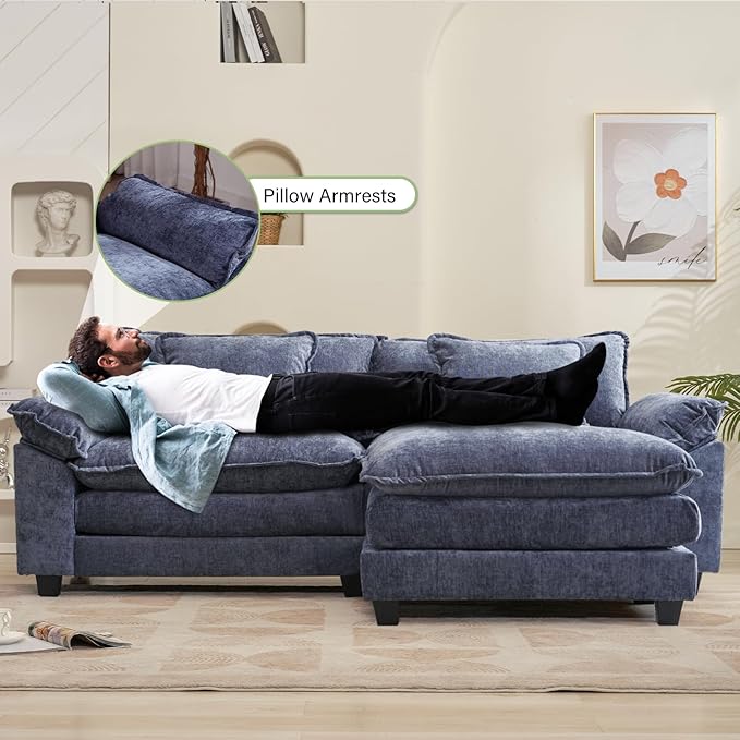 Oprisen 86" Modular Sectional Sofa, Comfy Cloud Couch Sectional Sofa with Ottoman, Chenille Sofa Sleeper Deep Seat Sofa with Throw Pillows for Living Room (Blue, 86"- L Shape)
