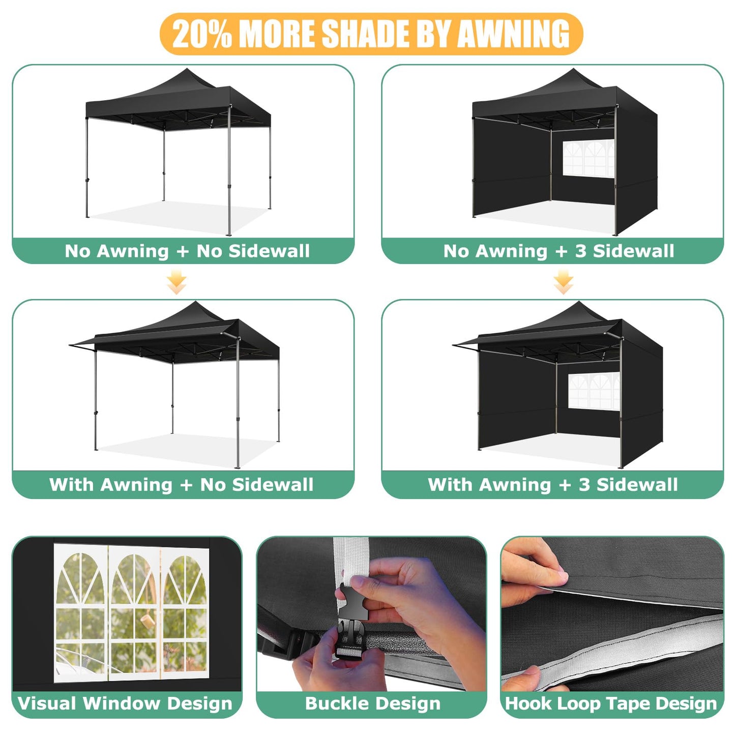 COBIZI 10x10 Pop Up Canopy Tent with Awning,Heavy Duty Canopy UPF 50+ All Season Wind Waterproof Commercial Outdoor Street Vendors Party Tents for Parties Canopy with Carry Bag(10 x 10 ft Black)