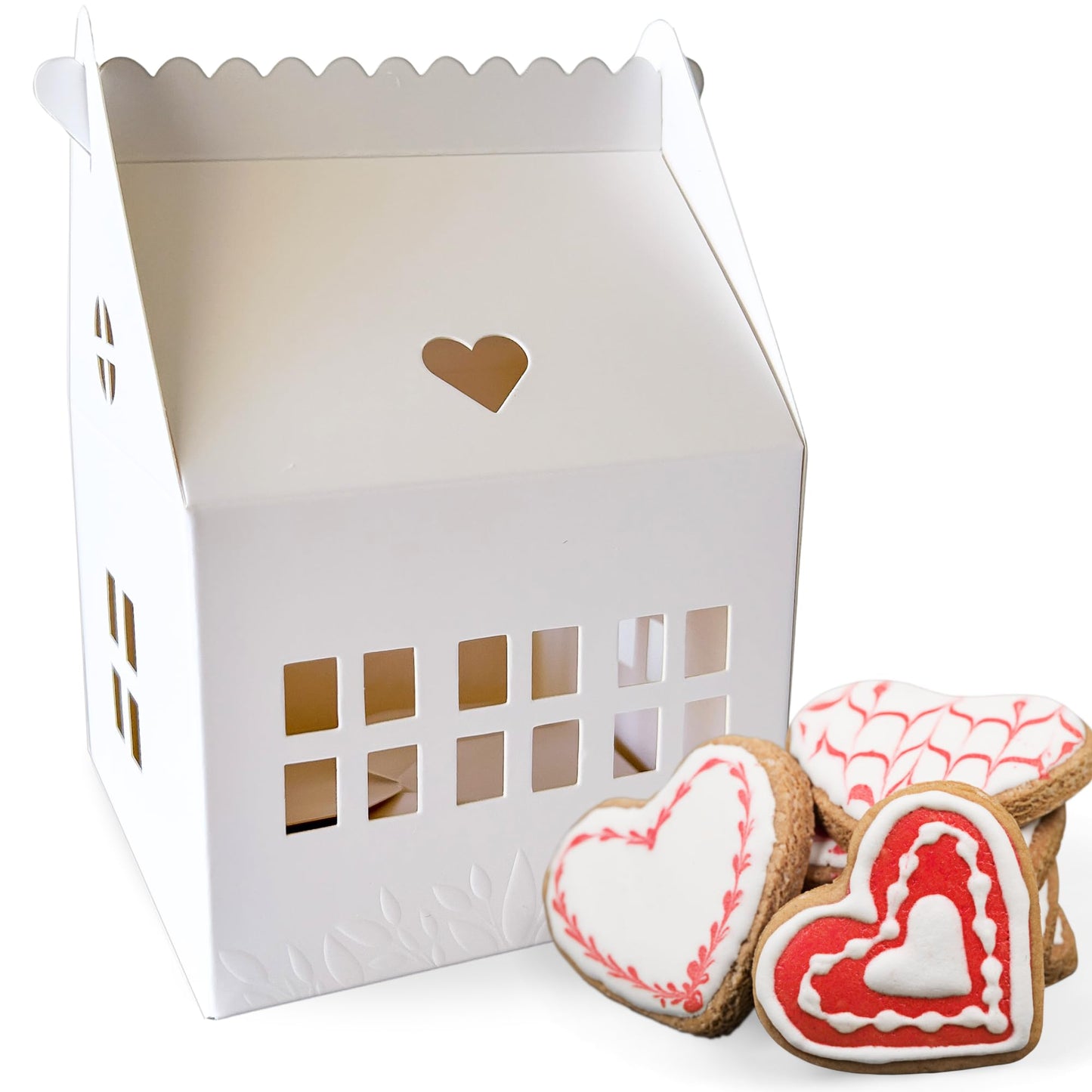 Karentology 30 Pcs Cottage House Shaped Gift Boxes with Embossing for Treats, Desserts, Fancy Cookie, White Gable Bakery Packaging
