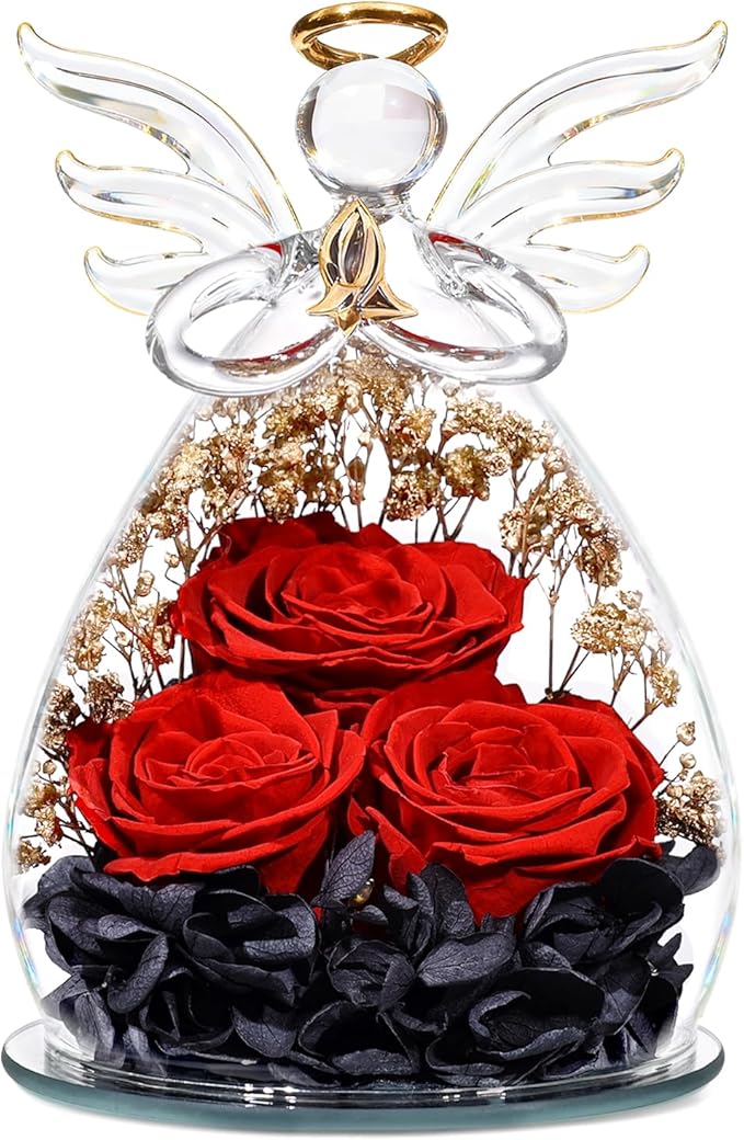 Beferr Valentines Day Rose Gifts for Her Women Mom Gifts for Birthday, Fresh Flowers for Delivery Forever Preserved Rose in Glass Angel Figurine, for Grandma Wife Daughter Girlfriend