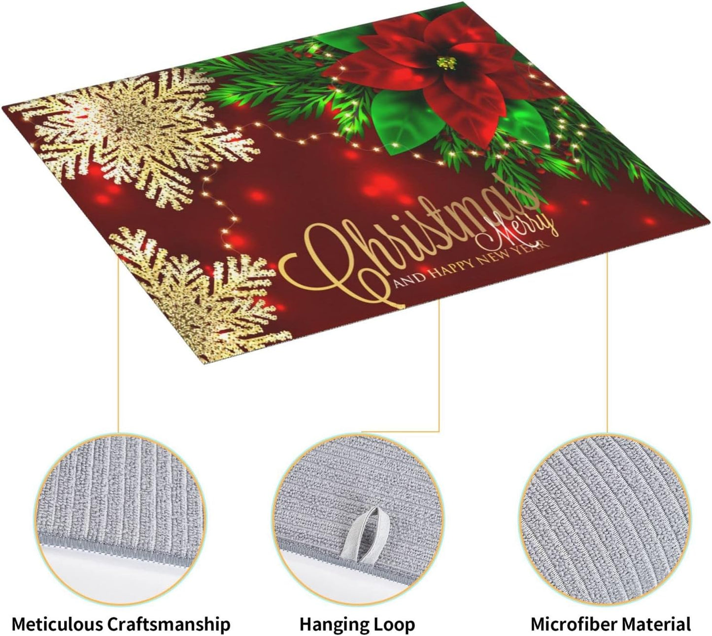 Christmas Dish Drying Mat for Kitchen Counter Poinsettia Gold Snowflake Xmas Absorbent 16x18 Inch Microfiber Dishes Protector Dry Draining Pad Reversible Washable