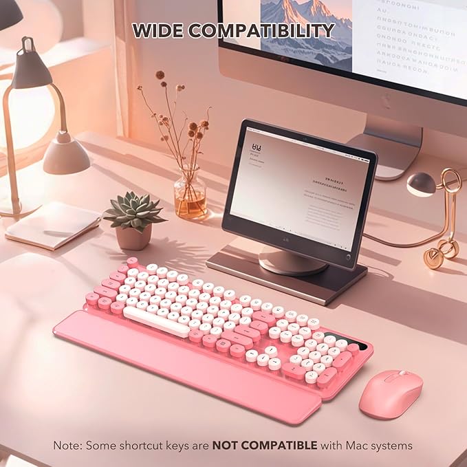Wireless Keyboard and Mouse Combo, Retro Keyboard with Round Keycaps, Full-Size Typewriter Style Keyboard with Detachable Wrist Rest, 2.4GHz Only Cordless Connection for Windows/PC/Laptop (Baby Pink)