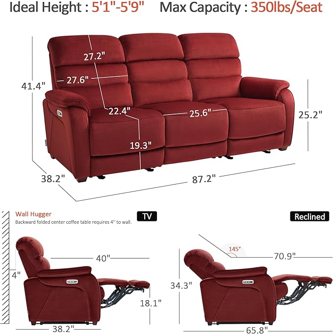 MCombo 87.2'' Wall Hugger Power Recliner Sofa with Drop Down Table, Reclining Sofa with Adjustable Headrest, USB Charge Ports, Reading Lamp, for Living Room, RVs, Fabric, ST258M3 (3-Seater, Burgundy)