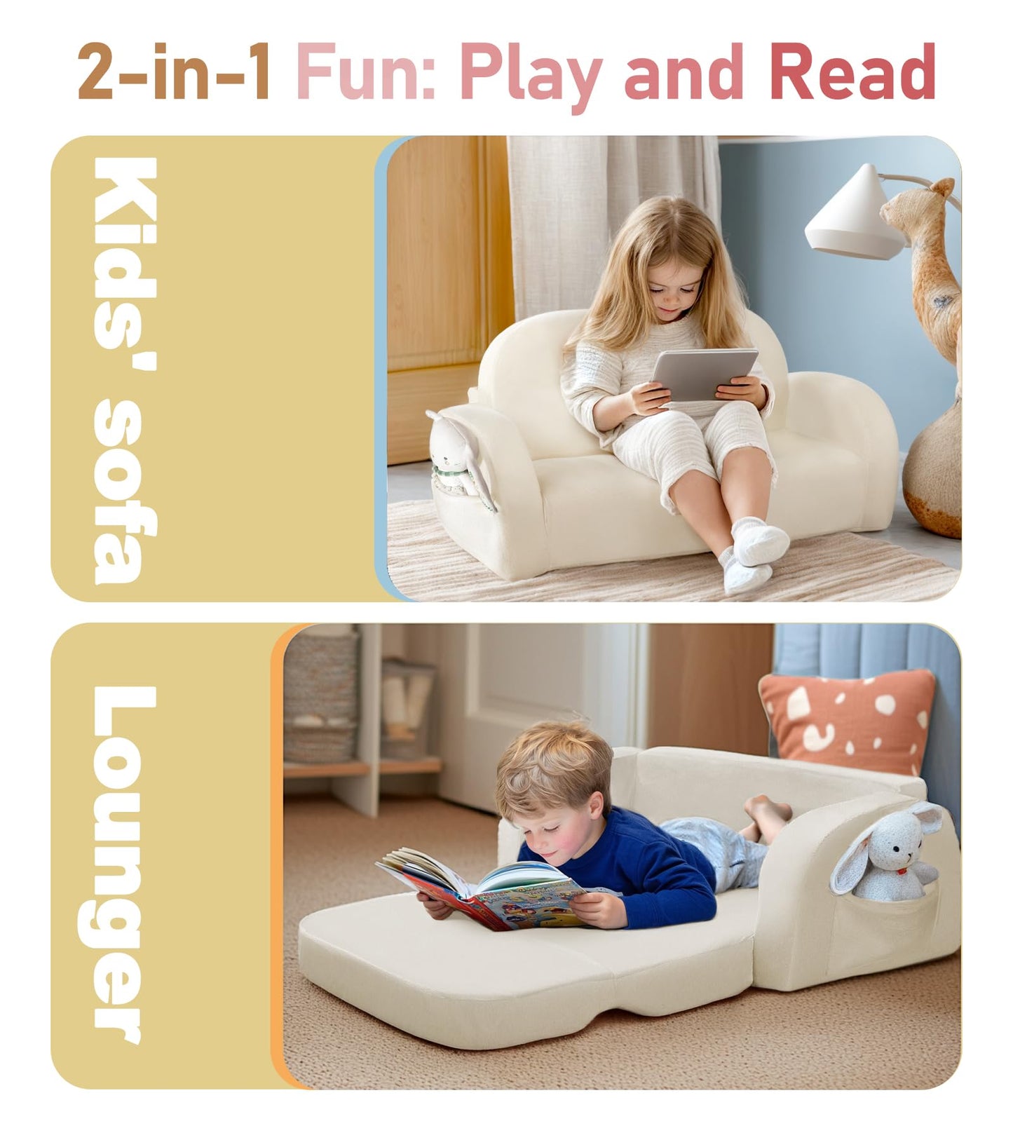 little dove 2-in-1 Convertible Kids Couch, Extra Wide Comfy Toddler Chair, Flip Out Toddler Couch, Kid Chairs with High Density Foam, Sofa Bed for Boys & Girls 3+, Beige