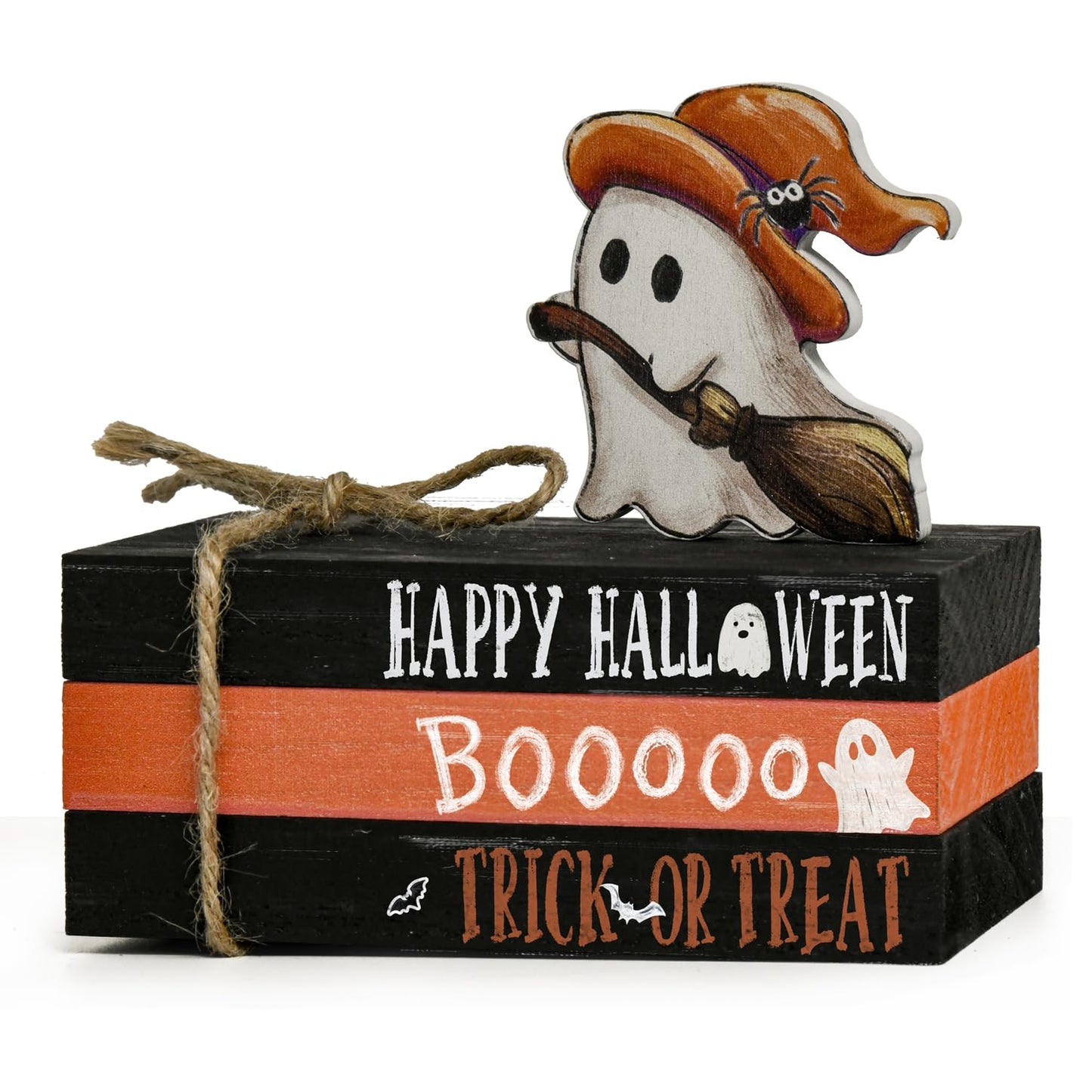 Smile Halloween Wooden Stack, Ghost Bat Mini Faux Books Bundle, Trick or Treat Tiered Tray Decorations, Indoor Decor for Kitchen Bathroom and Home Table Shelf