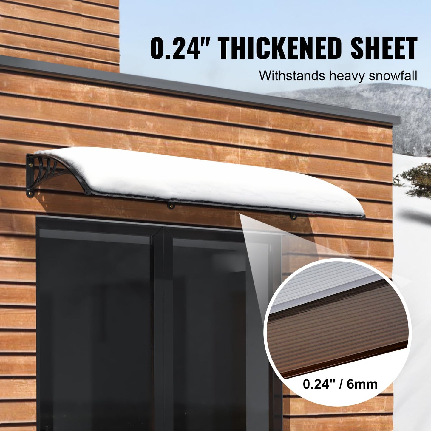 VEVOR 40" x 40" UPF 50+ Polycarbonate Window Door Awning Canopy, Modern Style, Brown Board & Black Bracket, Front Door Overhang Awning