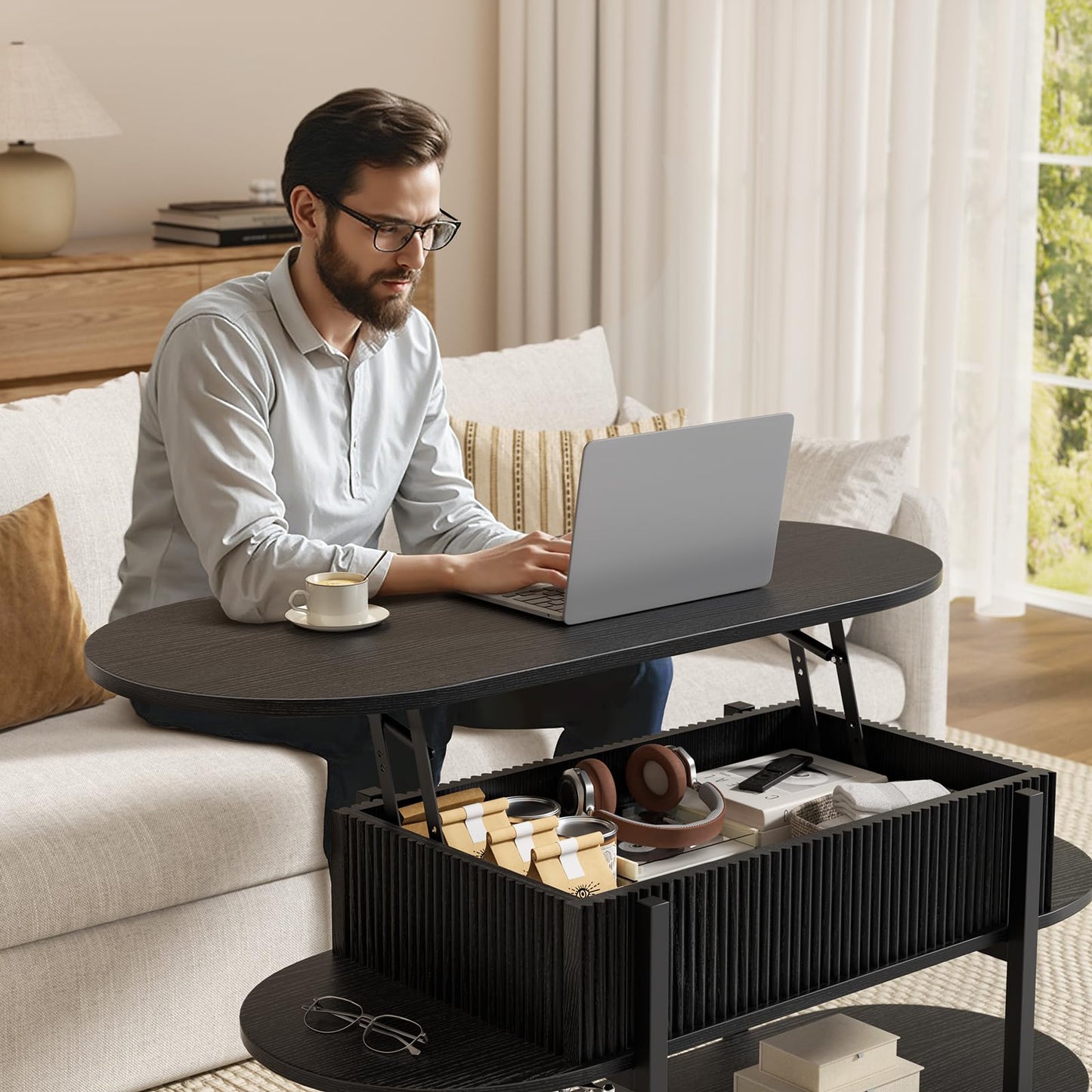 FABATO 41.7" Oval Lift Top Coffee Table, Fluted Wood Center Table with Hidden Storage, 3 Tier Small Tables with Curved Edge, Modern Narrow Coffee Table for Living Room Reception Room, Black