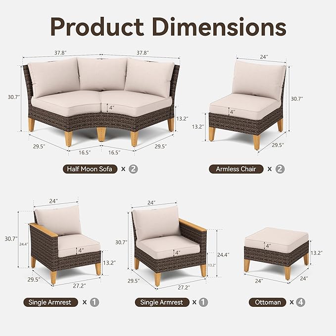 GREEN PARTY 12 Pieces Wicker Patio Furniture Set, All-Weather Outdoor Rattan Half-Moon Curved Patio Sectional Sofa Conversation Set with 4" Thick Cushions for Garden, Backyard, 2 x Ottomans