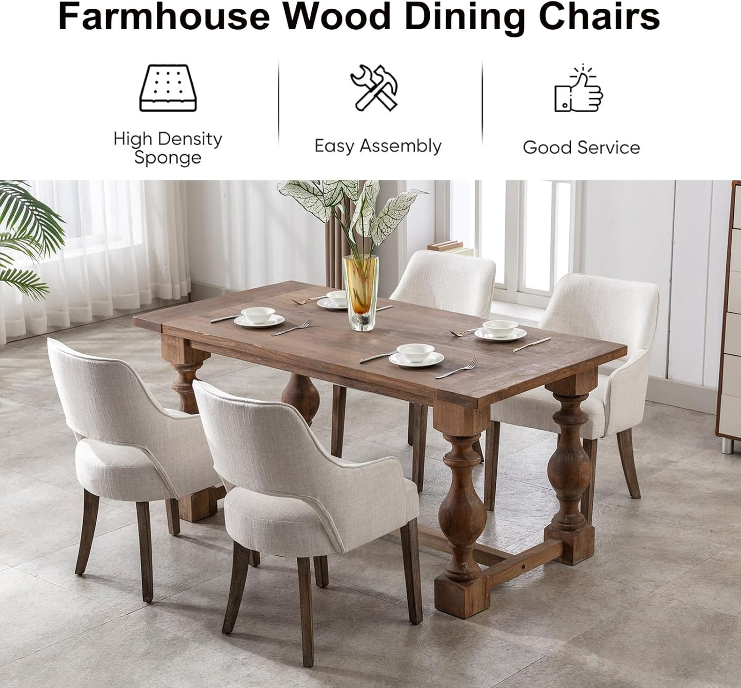 Kmax Linen Fabric Dining Chairs Set of 2 Upholstered Side Chairs Farmhouse Accent Chairs with Open Back Wood Legs for Dining Room Guest Room Restaurant, Cream(Wider Seats)