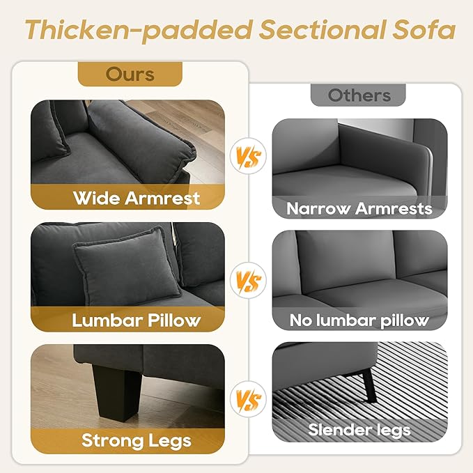 URRED Cloud Couch Modular Sectional Sofa, 116" Modern L Shaped Deep Seat Sofa with Pillows, Ultra Comfy Velvet Corner Couches for Living Room, Bedroom or Apartment, Dark Gray
