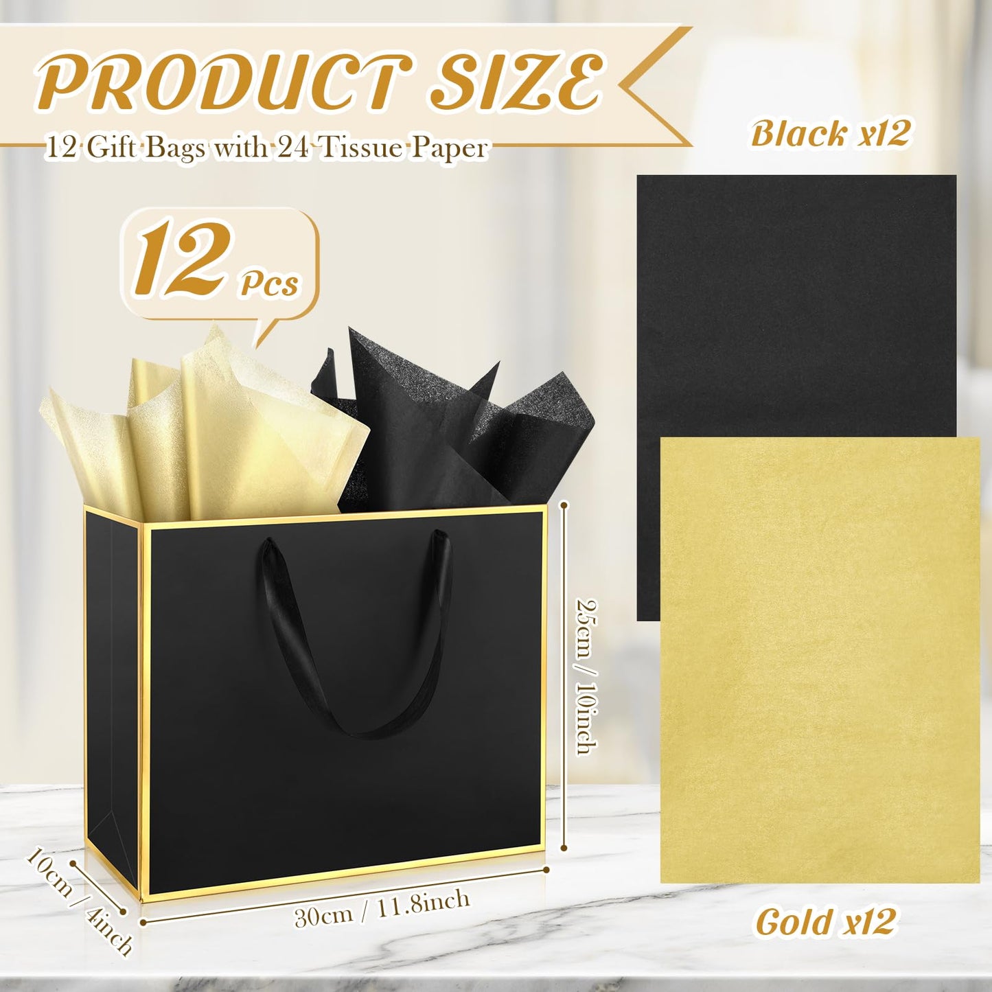 ReliThick 12 Pack 12 Pack Metallic Paper Gift Bag with Handles and Tissue Paper 11.8 x 10 x 4'' Thank You Favor Bag for Wedding Bridesmaid Groomsmen 5 Senses Birthday Gifts (Black,Gold)
