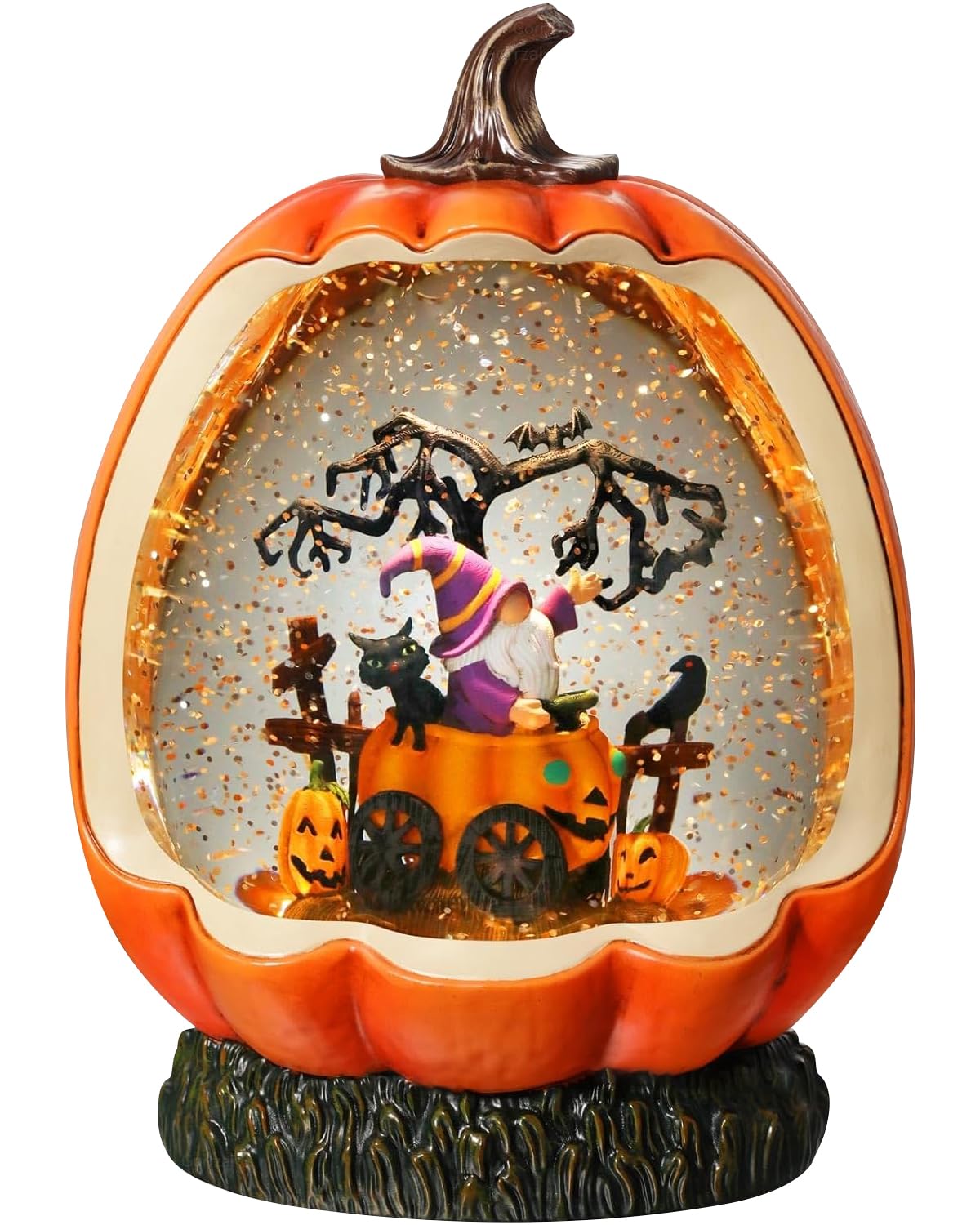 Halloween Pumpkin Snow Globe with Gnome Inside for Halloween Decorations, with Rotating and Lighting Functions，USB or Battery Operated