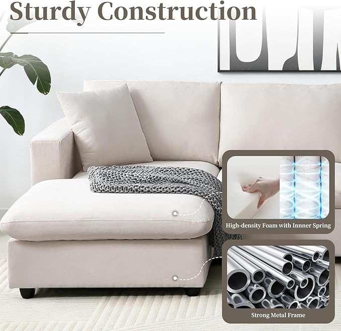 KIVENJAJA Beige Cloud Couch for Living Room Apartment Small Spaces, Linen L Shaped Modular Sectional Sofa with Convertible Ottoman Chaise, Modern Minimalist, Metal Frame, 100.4" W 3 Seater