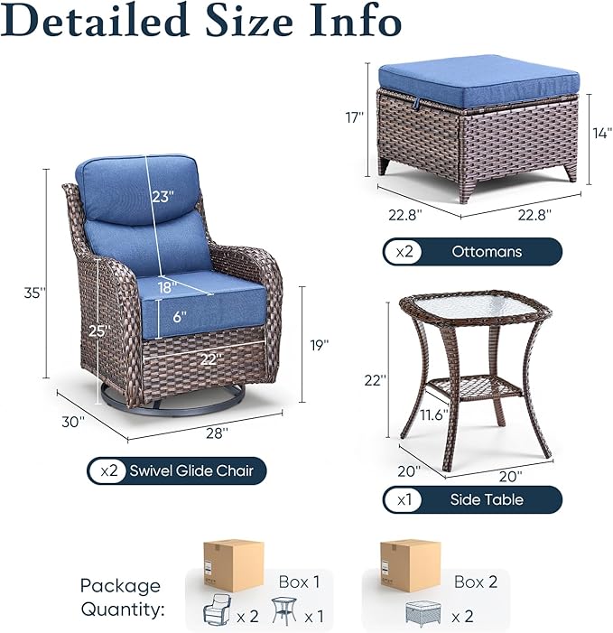 Belord Luxury 6" Thick Cushioned 5 Pieces Patio Furniture Set with 2 Ottomans, Wicker Outdoor Conversation Set with High Back Swivel Rocker Patio Chairs for Deck Porch Yard and Poolside - Brown+Blue