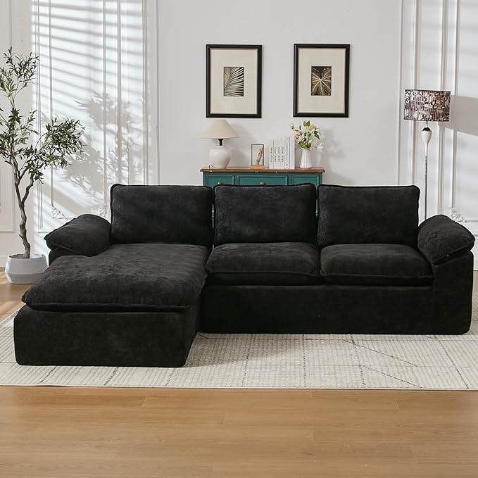 YAAREE 105.6”L Shape Modular Sectional Couch for Living Room, Modern Cloud Sectional 3 Seat Sofa with Oversized Chaise, Woven Texture Upholstery Boneless Couch (Black, Left Facing Chaise)