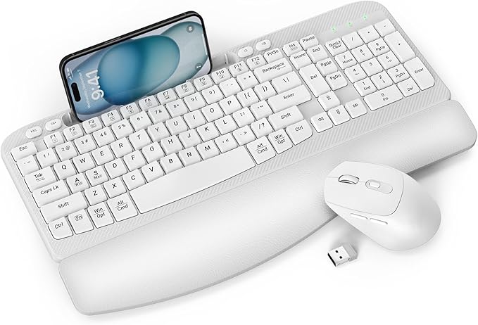 Wireless Keyboard and Mouse Combo, Wave Keys Full-Sized Ergonomic Keyboard with Cushioned Plam Rest, Phone Holder, Comfort...