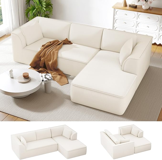 Vesgantti 106" Cloud Sectional Couch with Chaise, Deep Seat Modular Sectional Sofa Chenille Memory Foam Sofa Boneless Couches for Living Room Bedroom, No Assembly Required (Beige, Right-Facing Chaise)