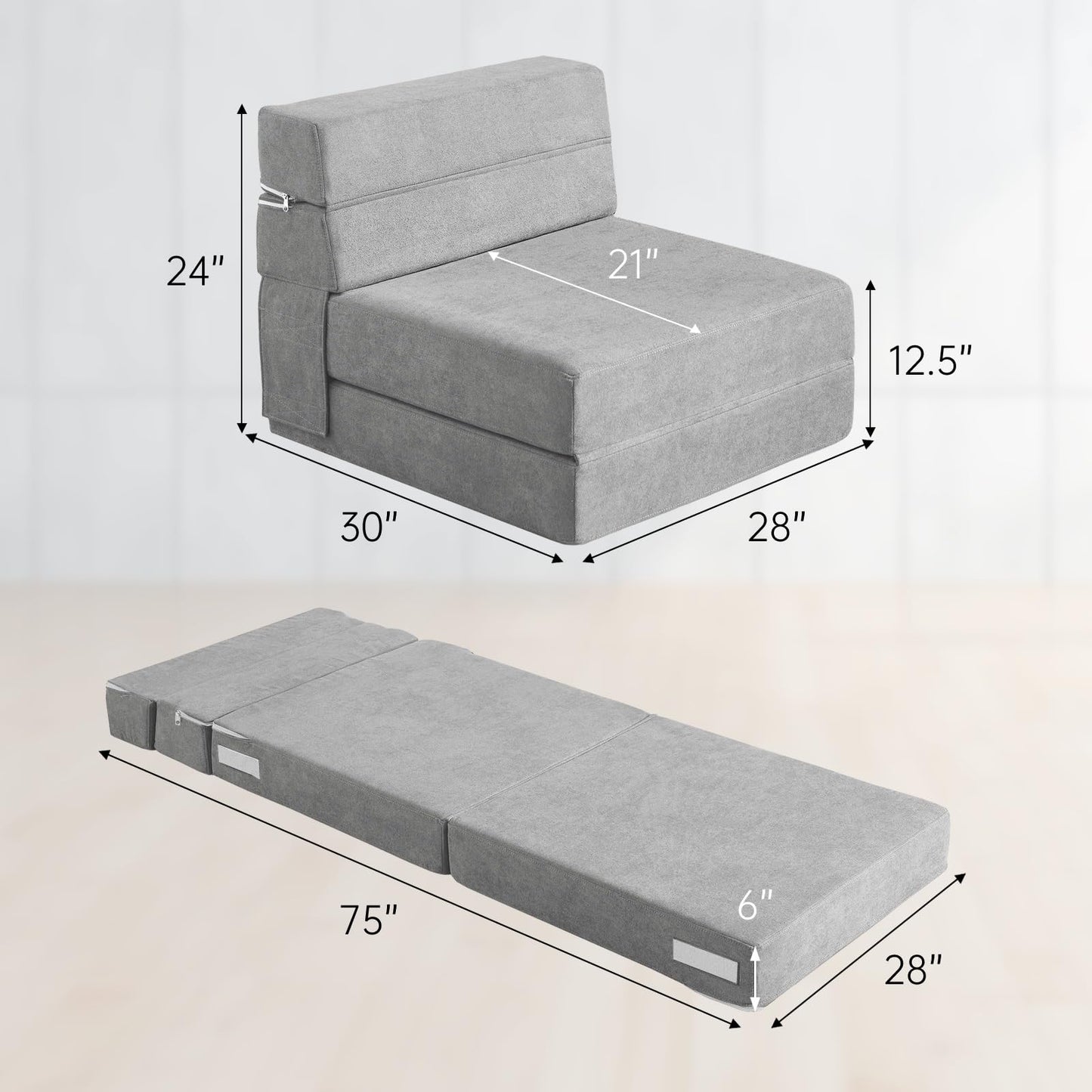 ANONER Folding Sofa Bed Couch Memory Foam Fold Out Chair Bed with Pillow, Single Size Convertible Sofa Bed Futon Sleeper Chair, Light Gray