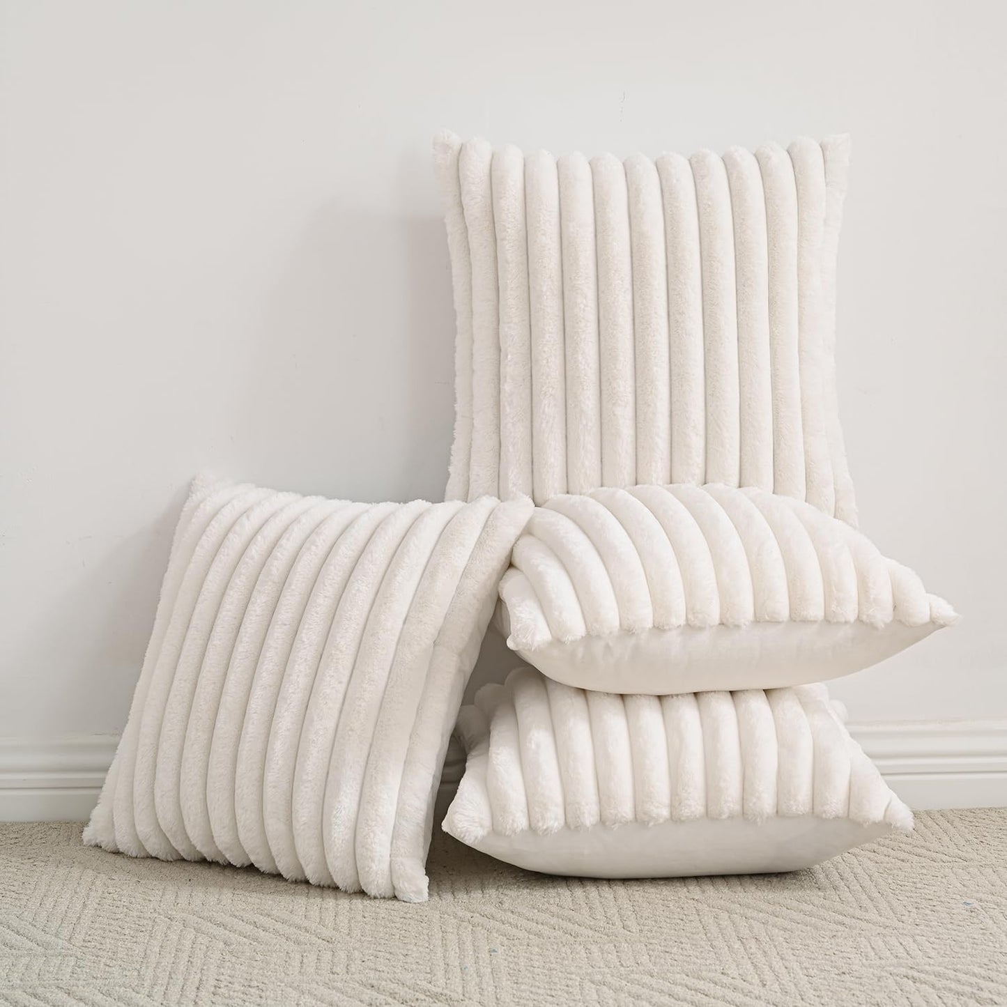 Volcanics Set of 4 Faux Fur Plush Decorative Throw Pillow Covers 20x20 Inch, Luxury Striped Cushion Cases Soft Fluffy Accent Pillowcases for Sofa, Couch and Bed, Cream White