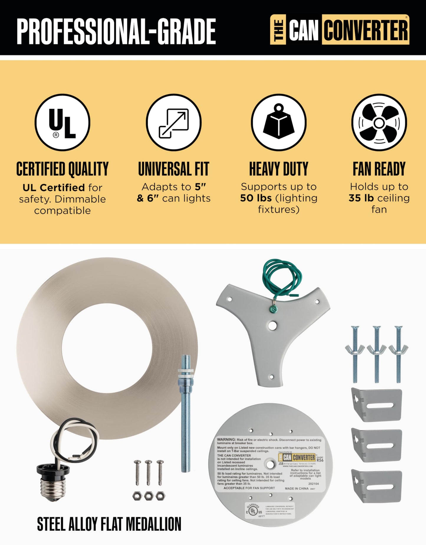 The Can Converter R56 Recessed Can Light Conversion Kit w/ 7"¾ Flat Ceiling Medallion - Home Improvement for 5" & 6" Cans, Converter Kit for Ceiling Fan & Light Fixture, UL Certified, Satin Nickel