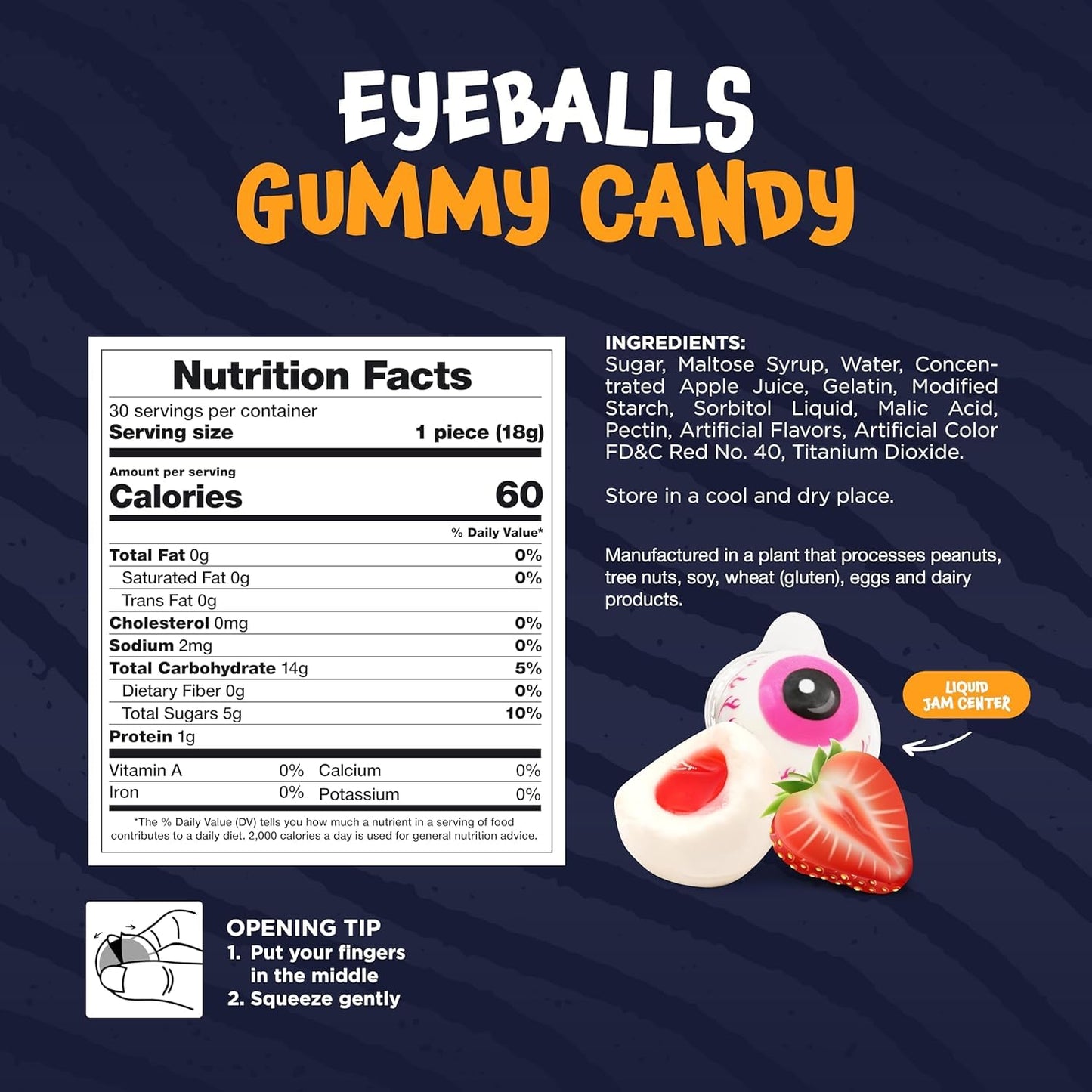Eyeballs Gummy Candy - 19 Oz Jar (30 Count) - Strawberry Jelly Filled Gummies - Individually Wrapped Halloween Candy - Kids' Party Favors - Spooky Eyes Gummies by Funtasty