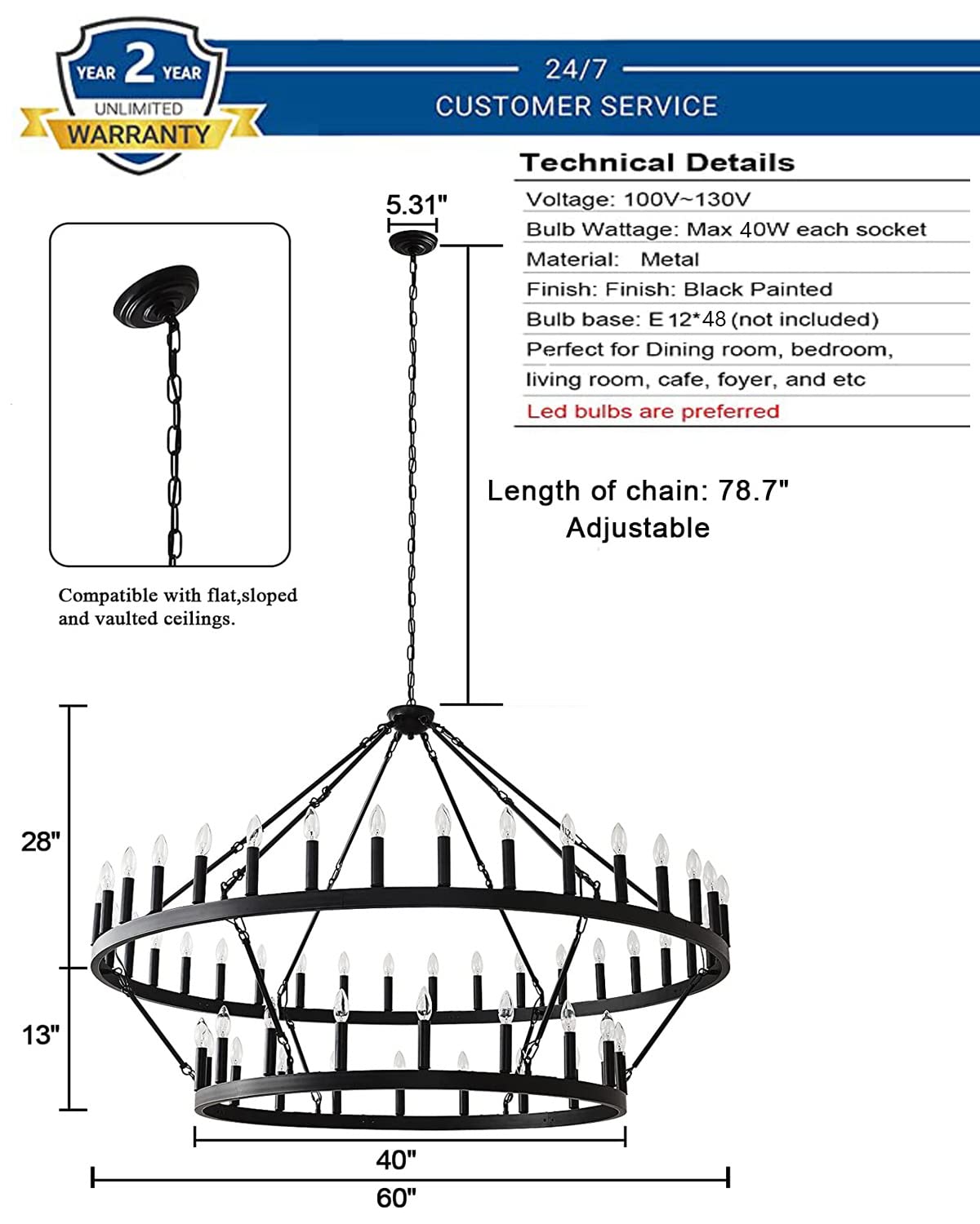JKLX 60 Inch Large Black Wagon Wheel Chandelier,2 Tier 54-Lights Farmhouse Industrial Country Style Round Pendant Light Fixture for Outdoor Porch high Ceilings Living Dining Room Foyer Entryway