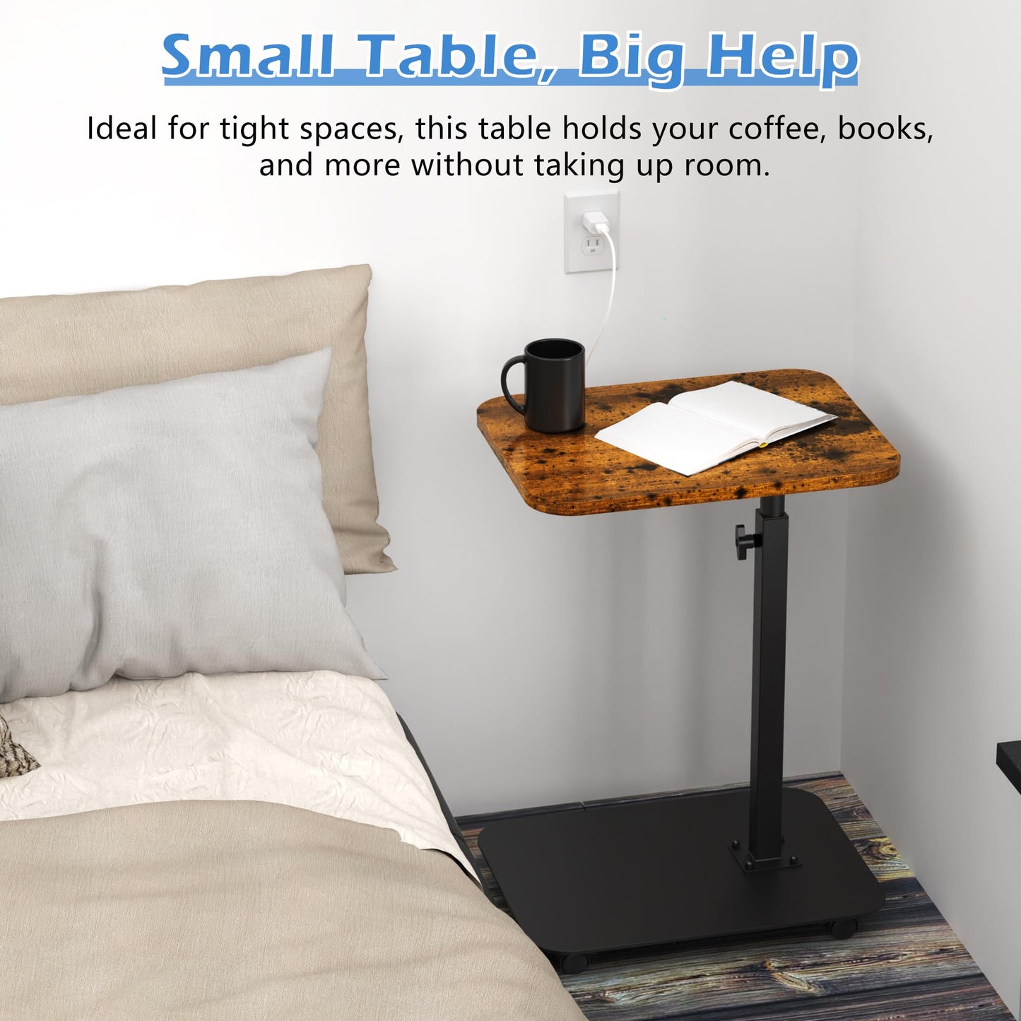 TV Tray Table Heavy Metal Base with Wheel Swivel/Adjustable Height Couch Table, Sofa Arm End Side Table for Living Room and Bedroom, Bed or Small Spaces