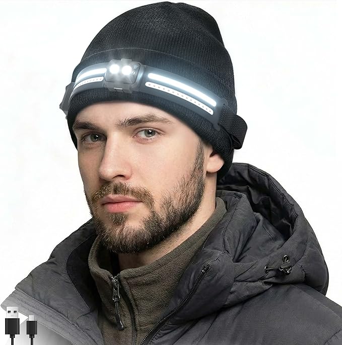 EGUKU Rechargeable Headlamp Beanie, 1200Lumens Bright Beanie with Light, 260°Wide Beam Unisex Hat Headlamp 14 Modes, Motio...