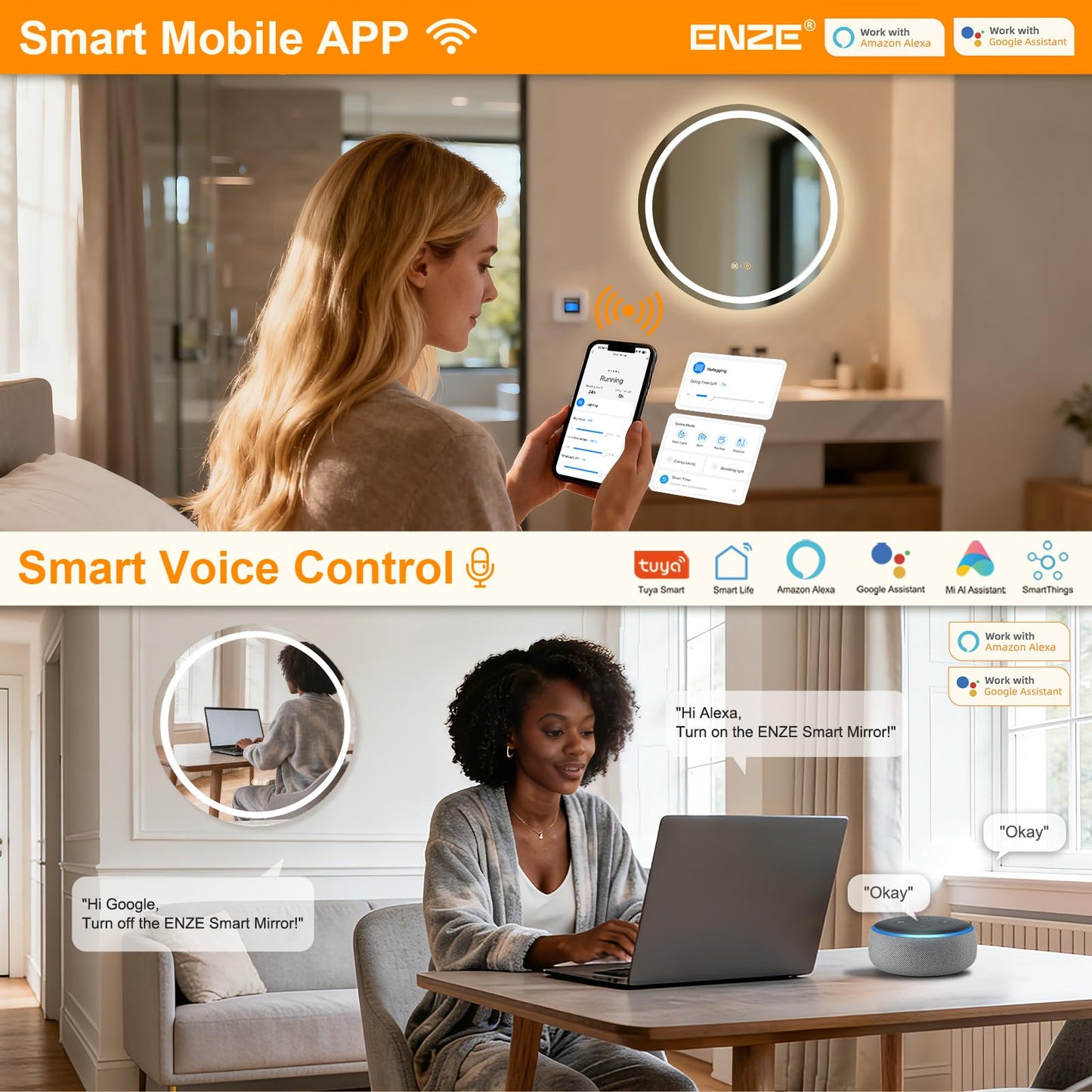 ENZE 24 Inch Round Bathroom Mirror with Lights, Circle LED Mirror, Wall Mounted Lighted Bathroom with 3 Colors,Anti-Fog, Dimmable, Shatter-Proof,Touch Sensor &APP WiFi & Voice Control (Alexa/Google)