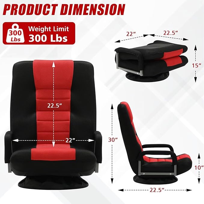 ACIPENSER Swivel Gaming Chair Multipurpose Floor Gaming Chair for Playing Video Games, TV, Reading w/Armrest Lumbar Support & 6 Adjustable Postion Backrest for Adults & Kids,Red