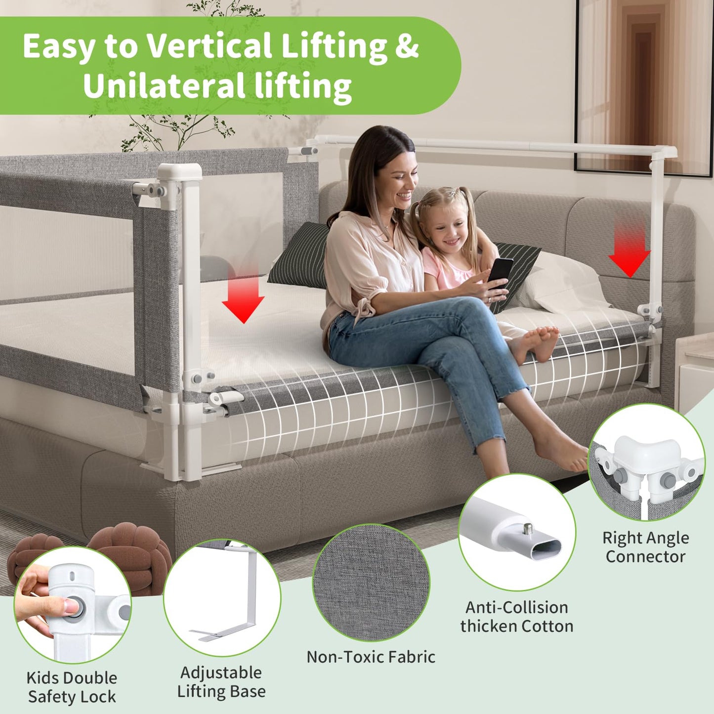 yulongtengfei 3-Piece Queen Size Bed Rail for Toddlers - Adjustable Baby Bed Rail Guard, Kids Safety Bed Rail for Queen Size Bed (78.7"x78.7"x60"-Grey)