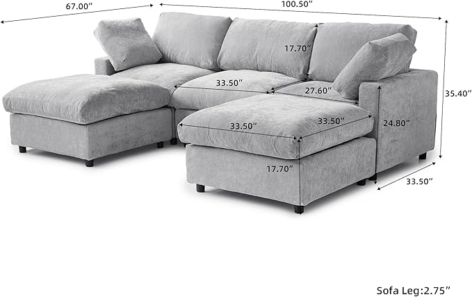 Cloud Couch Modular Sectional Sofa,100.5" U Shaped Couch, Oversized Convertible Wide Seater,3 Seater with 2 Ottomans for Living Room Set, Covers Washable&,Gray