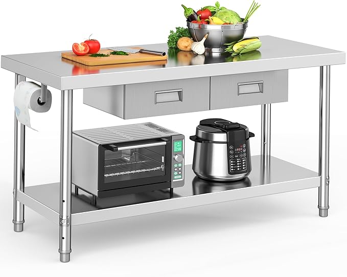 YITAHOME 60" X 24" Stainless Steel Table with Paper Towel Holder and 2 Drawers, NSF Work Table with Drawer, Metal Table Prep Table for Home Kitchen Restaurant Garage Warehouse