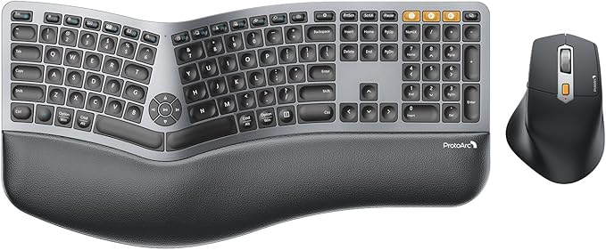 ProtoArc Ergonomic Keyboard Mouse, EKM01 Plus Full Size Wireless Bluetooth Ergo Keyboard Mouse Combo, Cushioned Palm Rest,...