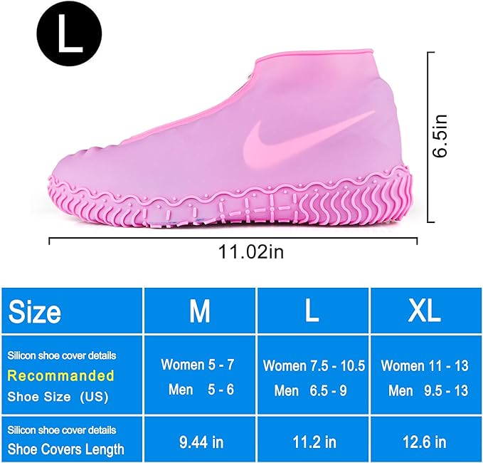 Waterproof Shoe Covers, Silicone Reusable Shoe Cover Non-slip Durable Zipper Elastic Rain Cover Protection for Men Women (L (Women 7.5-10.5, Men 6.5-9), Pink)