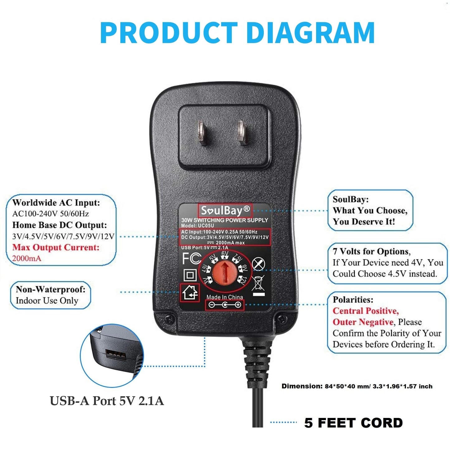 SoulBay 12V Power Supply Universal AC DC Adapter Charger with Adjustable Output 5V 9V 3V 6V 4.5V 7.5V 12 Volt 1A 1.5A 2A for LED Strip Light CCTV Camera BT Speaker GPS Webcam Router, 5 FT Cord, 30W