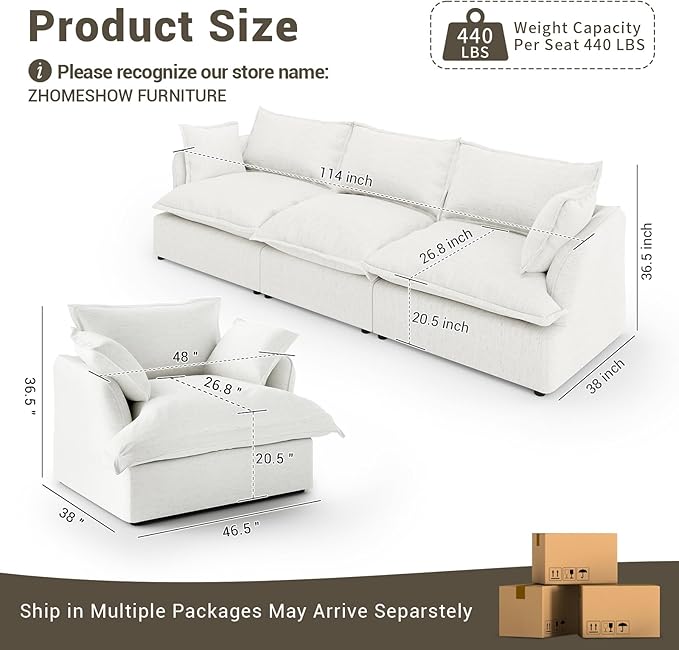 Lopzeho 114” Oversized Modular Sectional Sofa, Comfy Down Fill Cloud Couch, 3 Seater Modular Sofa Couch with One Single Seat, Convertible Sectional Couches for Living Room, Linen, Cream White