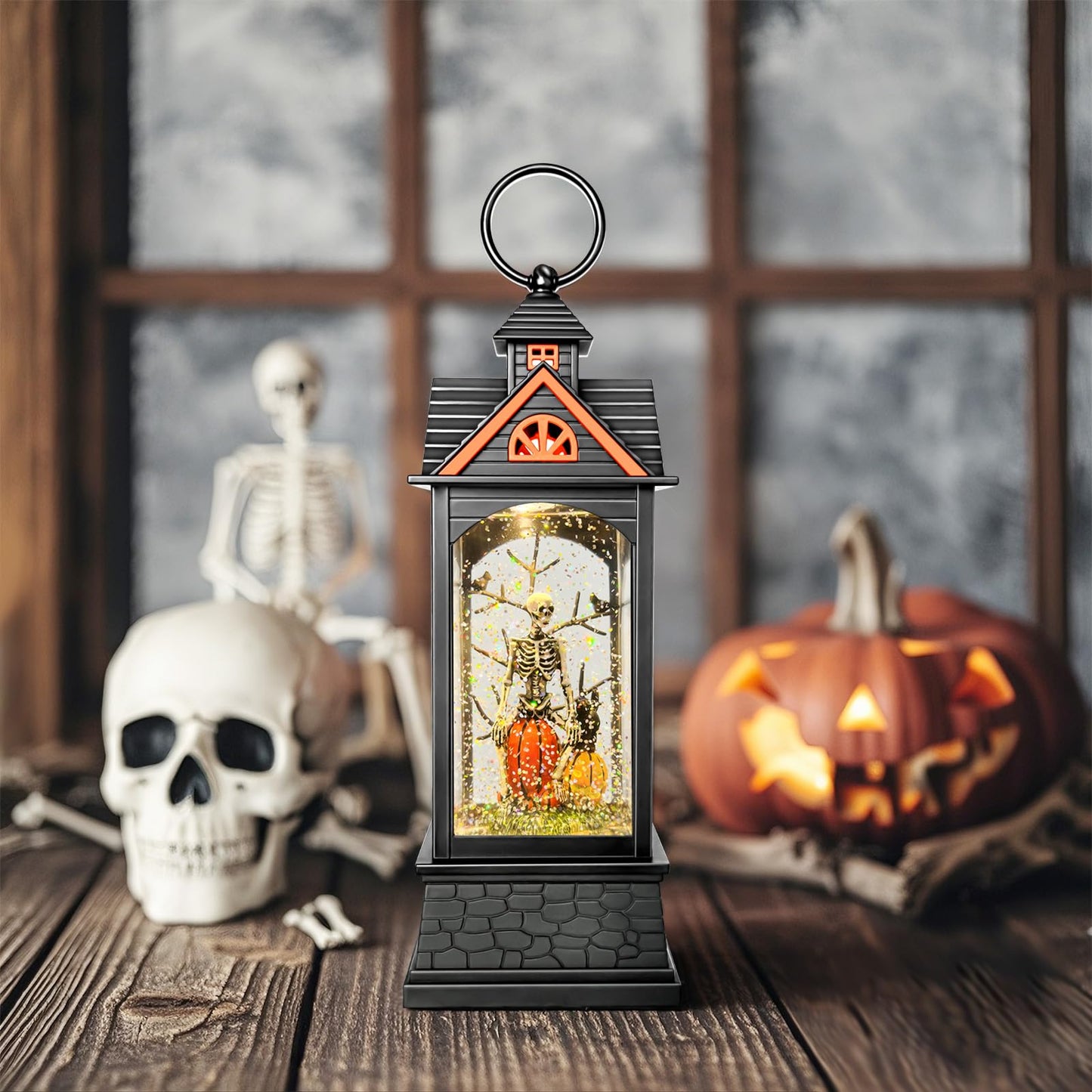 AOMIL Halloween Snow Globe Lantern, Spooky Ghost Halloween Decor, Plug-in & Battery Operated Snow Globes for Halloween Decorations Indoor