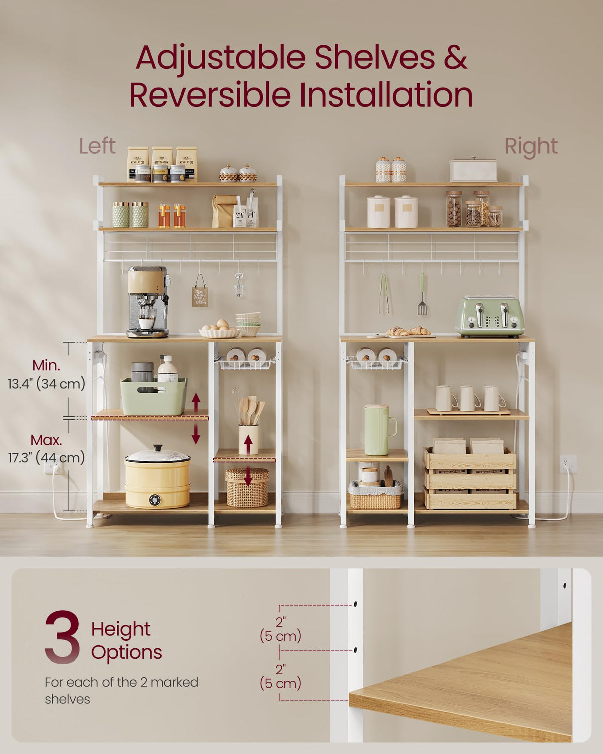 VASAGLE Bakers Rack with Power Outlet, 35.4 Inches Microwave Stand, Coffee Bar, 4 AC Outlets, with Adjustable Shelves, 8 S-Hooks, Basket, Spice Racks, Golden Oak and Cloud White UKKS031Y09