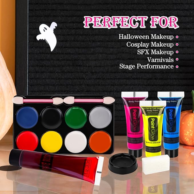 8 Colors Face & Body Paint Palette Kit + 1 Black Cream Face Body Paint + Washable Fake Blood + 3 UV Light Colors, Non-Toxic Hypoallergenic for Halloween SFX Makeup Cosplay Joker Costume Parties
