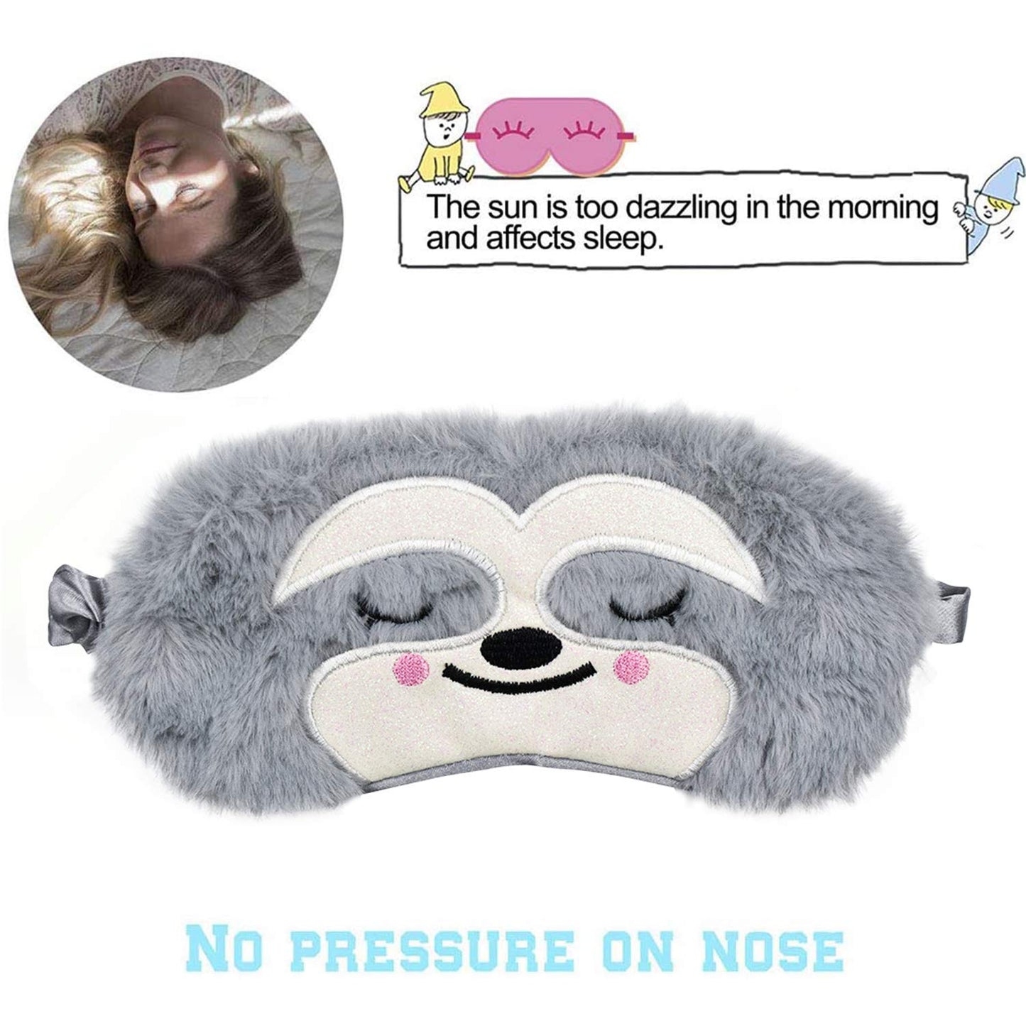 Ulbemoll Cute Sloth Sleeping Mask, Soft Fluffy Plush Blindfold Funny Novelty Animal Sleep Mask Eye Cover Eyeshade for Kids Girls Boys Women Men Night Nap Travel Meditation (Gray, Sloth)