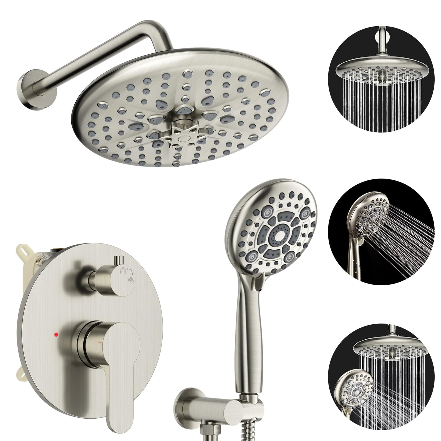 EMBATHER Shower Faucet Sets - Overhead Rain Head Shower System with High Pressure Handheld Complete Combo and Mixer Valve Trim Kit - Brushed Nickel Rainfall Shower Fixture for Luxury Bathroom