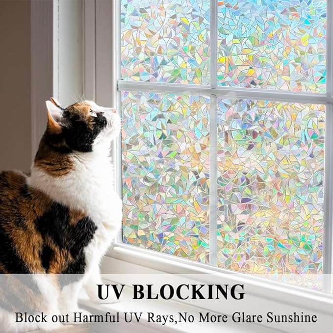 3D Prism Window Film,Transparent Decorative Glass Film Window Door Tint,Rainbow Effect Static Cling Heat Control Anti UV for Kitchen,Dining Room,Bedroom,Living Room,17.5 inches by 78.7 inches
