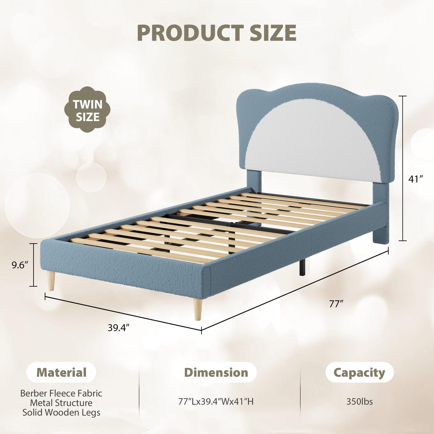 GarveeHome Upholstered Twin Bed Frame for Kids - with Adjustable Chic Scallop Headboard, Cute Velvet Princess Platform Bed for Girls/Kids, Solid Wood Slats Support, No Box Spring Needed, Blue + White