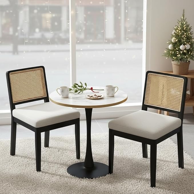 LukeAlon Set of 6 Farmhouse Dining Chairs - Mid Century Modern with Woven Cane Back, Soft Linen Upholstered Seat, Solid Wood Legs for Kitchen, Dining Room & Breakfast Nook, Beige