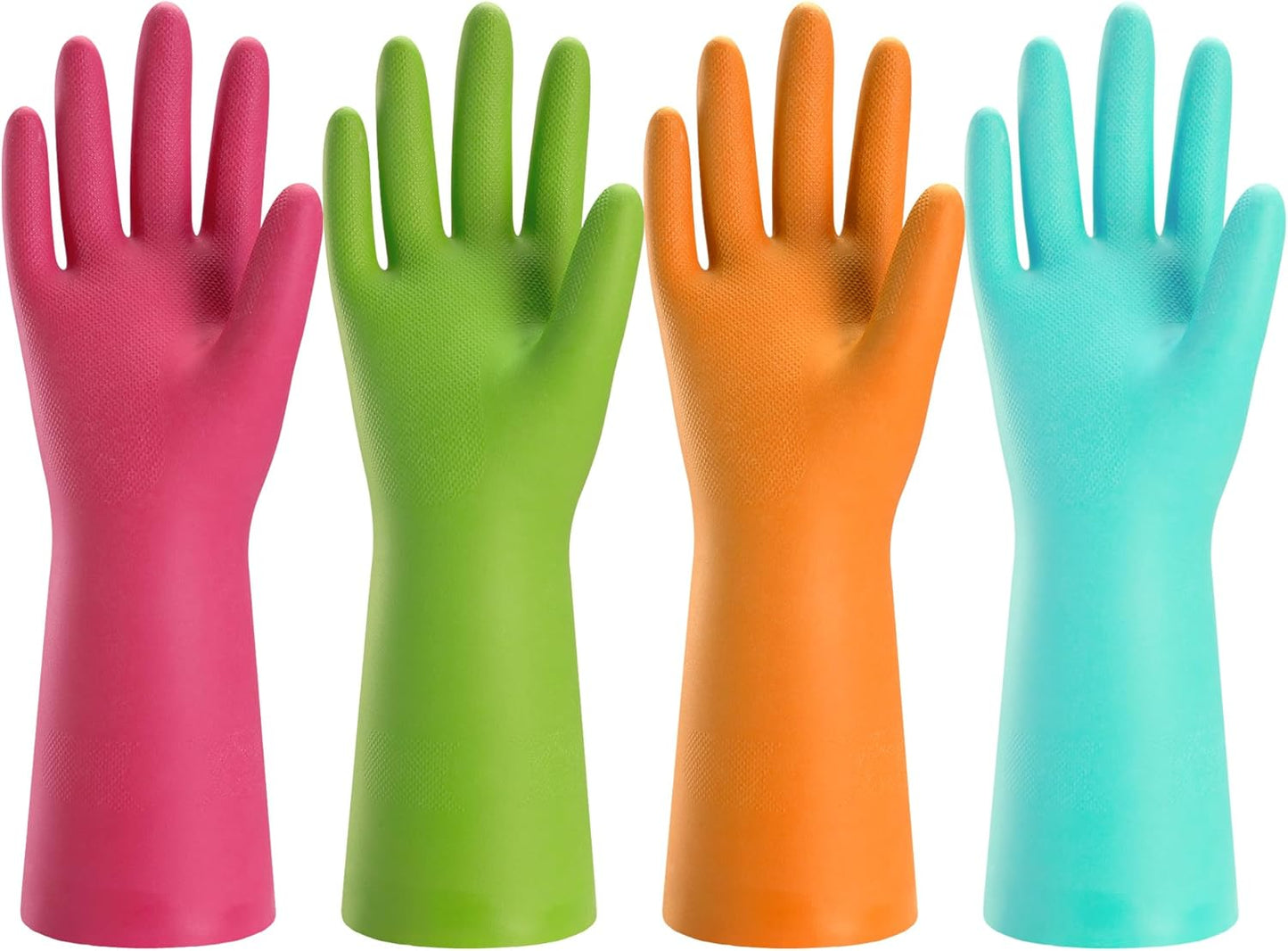 Bamllum Rubber Cleaning Gloves for Kitchen - 4 Pairs Reusable Dishwashing Gloves for Household, Flexible Long-lasting & Waterproof (Small, Blue+Green+Red+Orange)