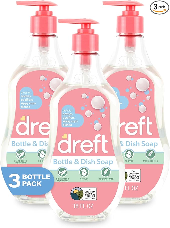 DREFT Bottle and Dish Soap | Made to Clean Baby Bottles, Sippy Cups, Pacifiers, Breast Pumps, & More | Gently Removes Milk Film & Odors | Plant Based, Fragrance Free Dish Soap | 18 Fl Oz (Pack of 3)
